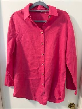 Soft Surroundings Button-Down 100% Linen Tunic Shirt in Bright Pink